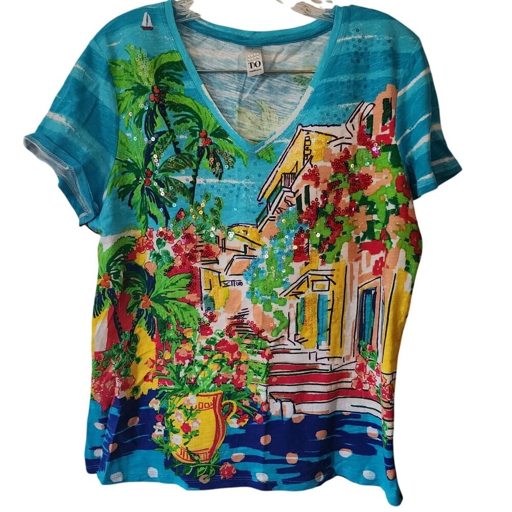 Thomas & Olivia Colorful Watercolor Italian Ocean Vista Vacation V-Neck Large